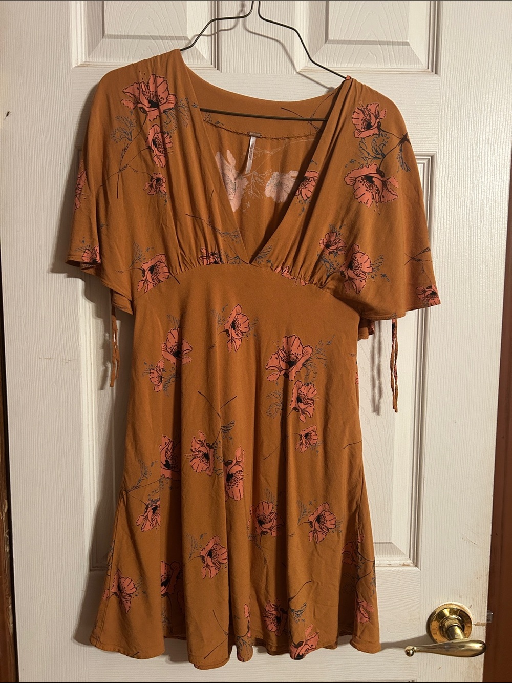 Free People Mustard Floral V-Neck Mini Dress with Pink Blooms